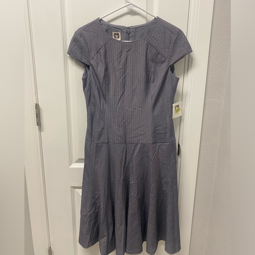 Anne Klein Dress (light grey, cap sleeve, pin stripe)
